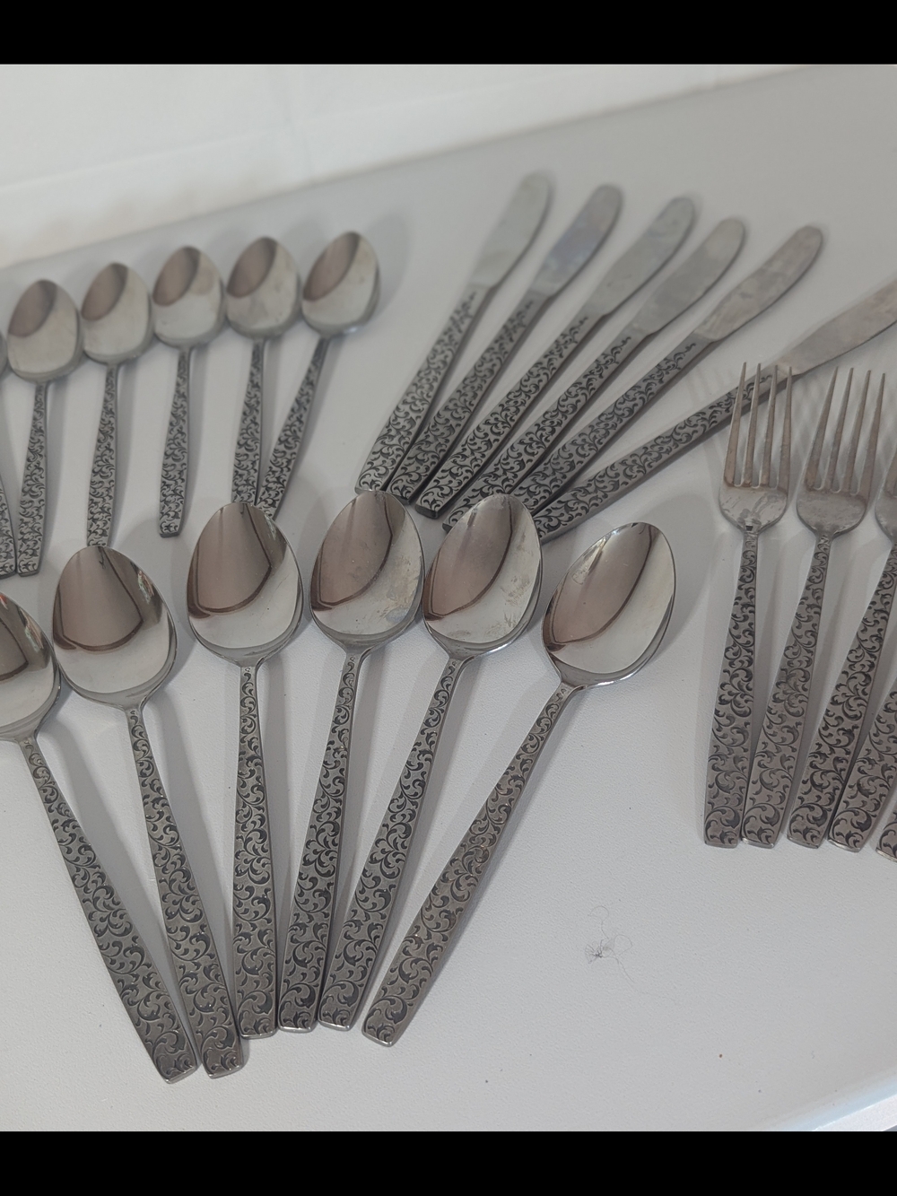 Vintage Corsican Stainless Steel Japan Flatware Set 36 Pc Floral Scroll MCM